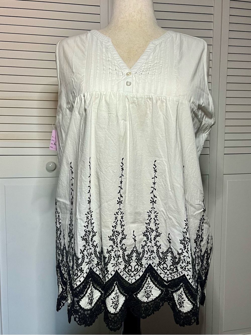 Hannah White Tunic Top with Black Scalloped Embroidery
